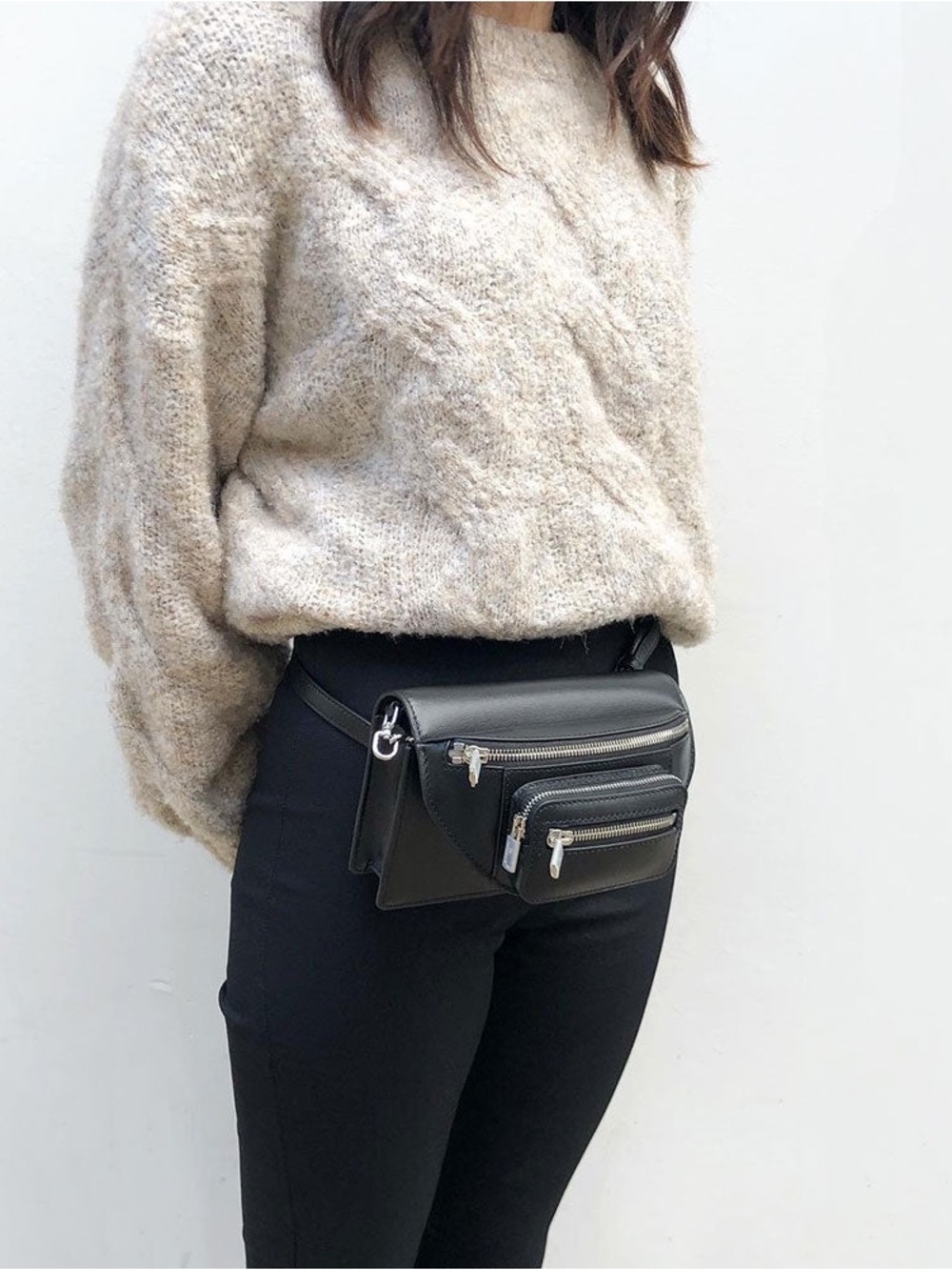Alexander Wang Black Leather Mini Belt Bag with Silver Zippers